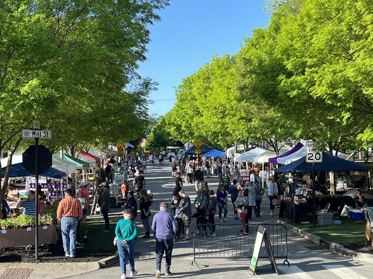 Woodstock Farmers Market on Mill Street — vendors and shoppers under tree canopy